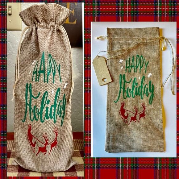 Holiday Burlap Wine Bottle Gift Bag - Picture 1 of 1